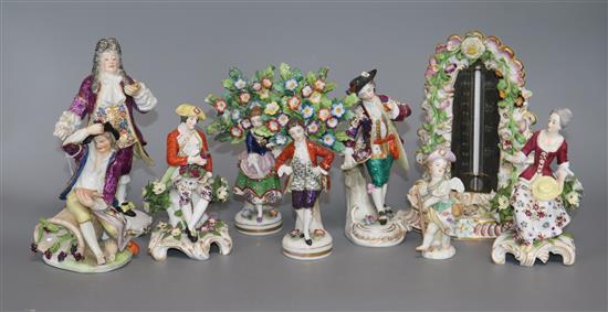 Eight porcelain figures and a floral encrusted thermometer